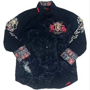 Rebel Spirit Royal Way Of Life Button‎ Up Crown Skull Embroidery Flip Cuff Black